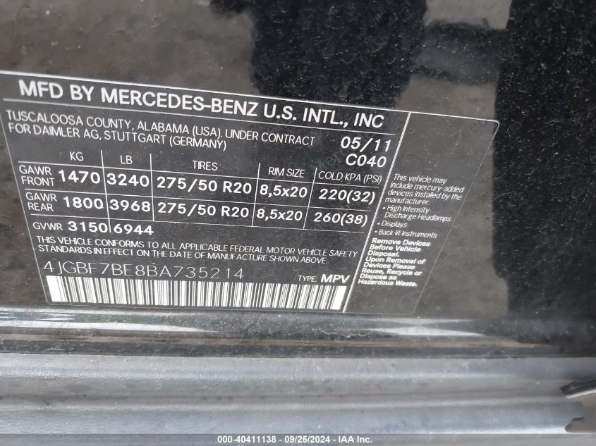 4JGBF7BE8BA735214 2011 Mercedes-Benz Gl 450 4Matic