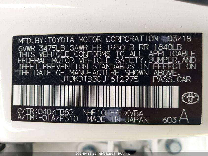 JTDKDTB30J1612975 2018 Toyota Prius C Two