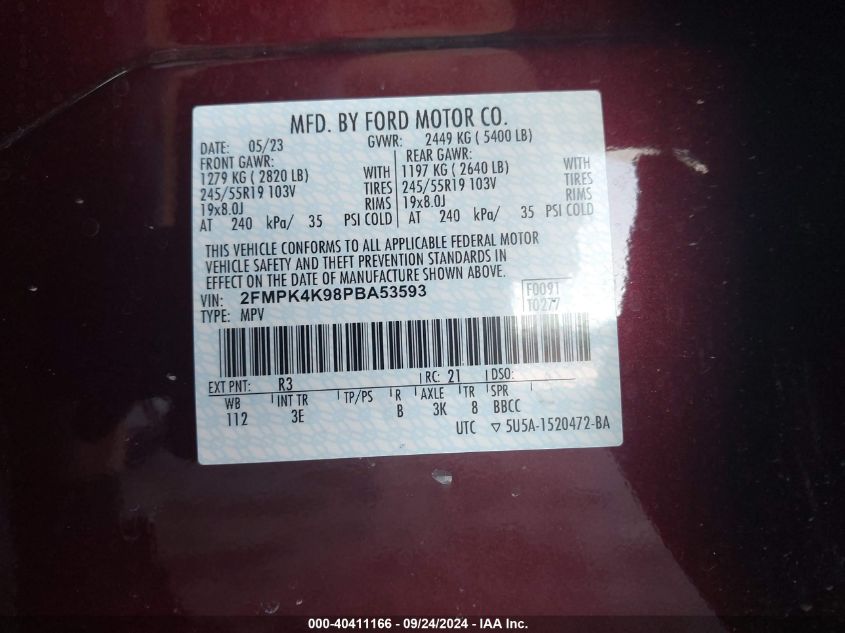 2FMPK4K98PBA53593 2023 Ford Edge Titanium