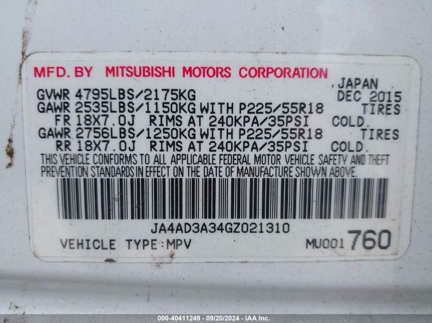 2016 Mitsubishi Outlander Sel VIN: JA4AD3A34GZ021310 Lot: 40411249