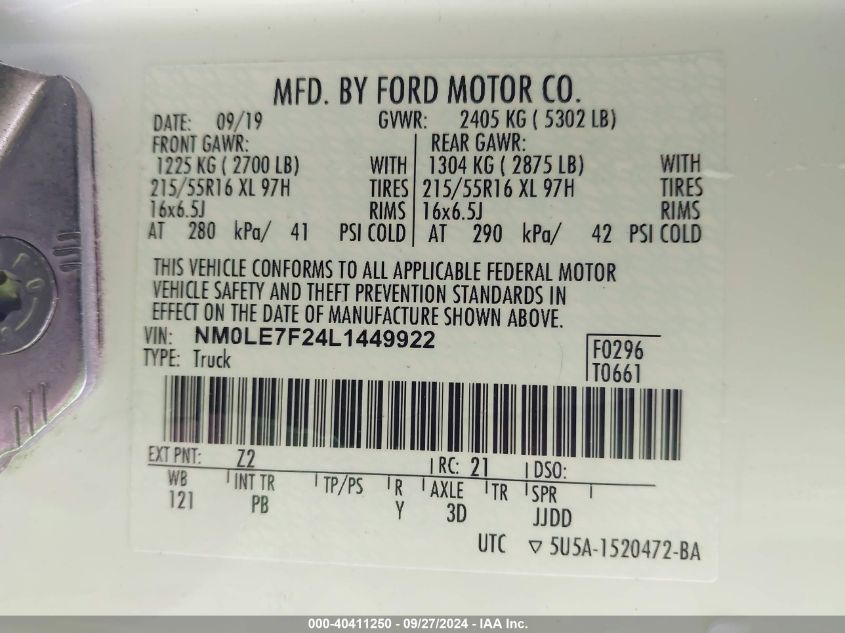 NM0LE7F24L1449922 2020 Ford Transit Connect Xlt