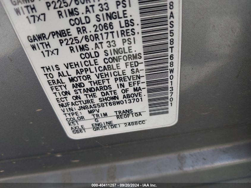 2008 Nissan Rogue Sl VIN: JN8AS58T68W013701 Lot: 40411257