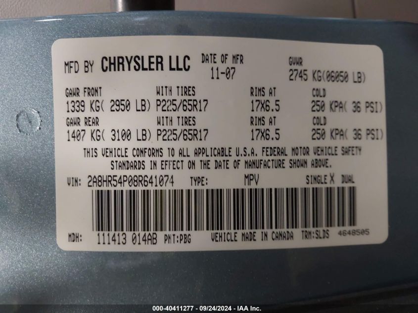 2A8HR54P08R641074 2008 Chrysler Town & Country Touring