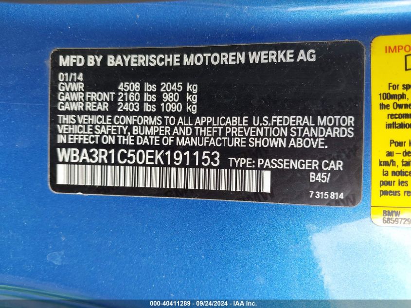 2014 BMW 435I VIN: WBA3R1C50EK191153 Lot: 40411289