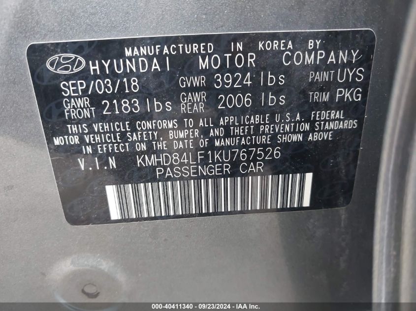 2019 Hyundai Elantra Sel VIN: KMHD84LF1KU767526 Lot: 40411340