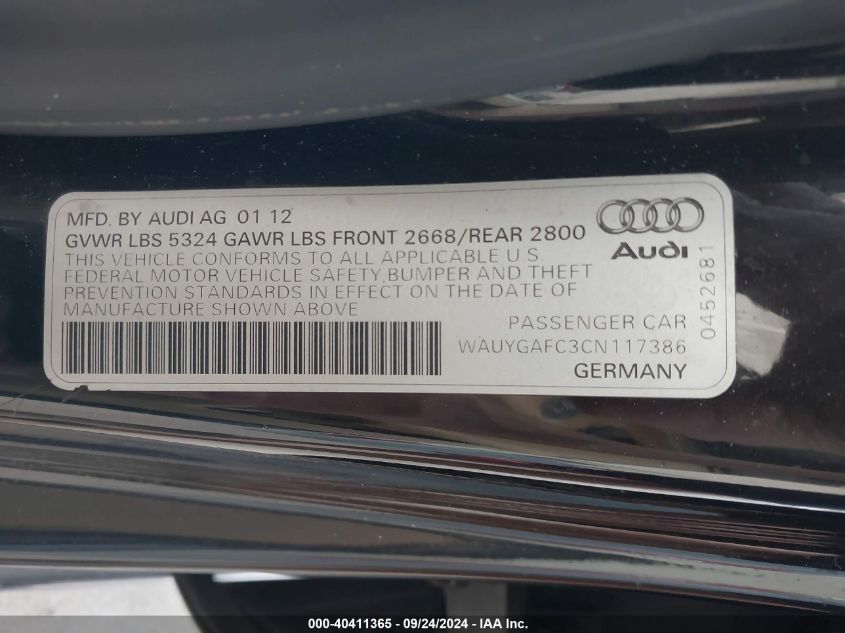 WAUYGAFC3CN117386 2012 Audi A7 Premium Plus