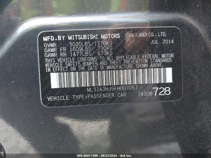 2015 Mitsubishi Mirage De VIN: ML32A3HJ5FH007057 Lot: 40411399