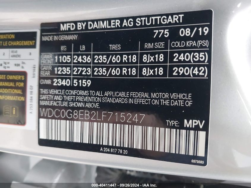 WDC0G8EB2LF715247 2020 Mercedes-Benz Glc 300 300 4Matic