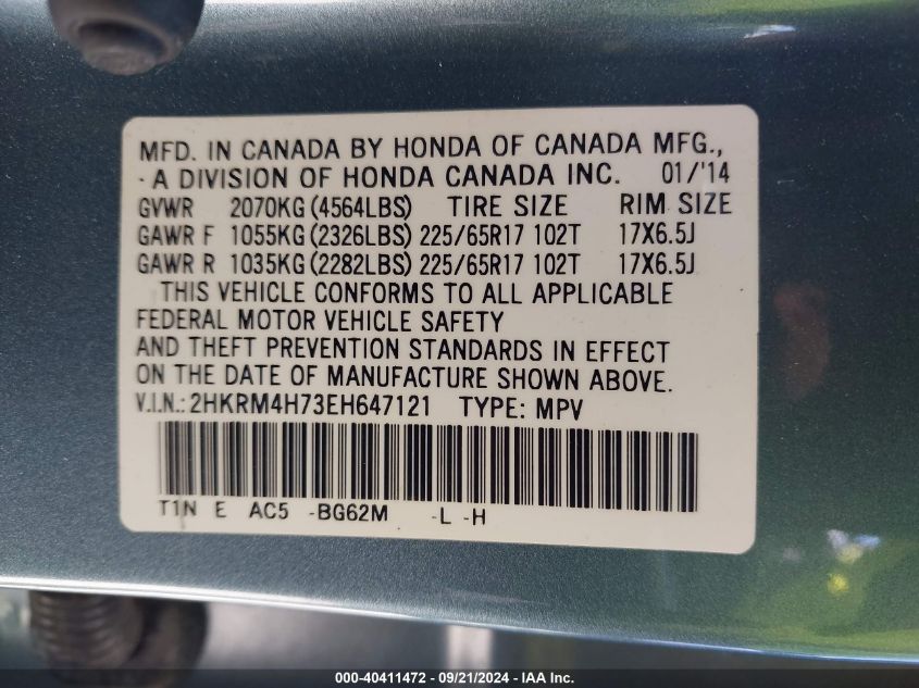 2HKRM4H73EH647121 2014 Honda Cr-V Ex-L