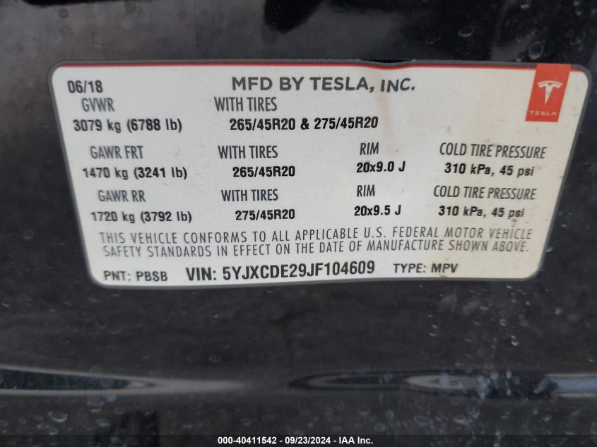 2018 Tesla Model X 100D/75D/P100D VIN: 5YJXCDE29JF104609 Lot: 40411542