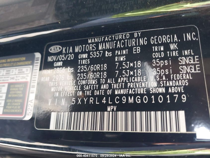 2021 Kia Sorento S VIN: 5XYRL4LC9MG010179 Lot: 40411570