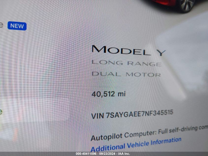 2022 Tesla Model Y Long Range Dual Motor All-Wheel Drive VIN: 7SAYGAEE7NF345515 Lot: 40411596