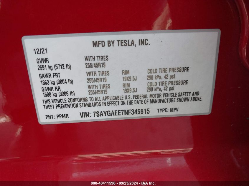 2022 Tesla Model Y Long Range Dual Motor All-Wheel Drive VIN: 7SAYGAEE7NF345515 Lot: 40411596