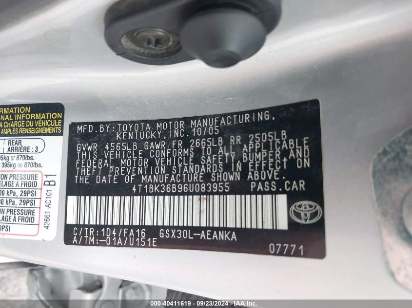 4T1BK36B96U083955 2006 Toyota Avalon Xl/Xls/Touring/Limited