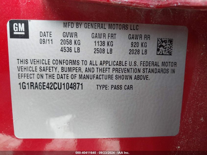 1G1RA6E42CU104871 2012 Chevrolet Volt