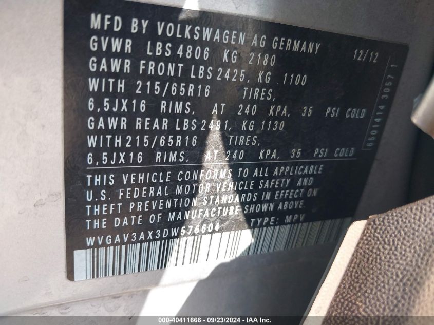 WVGAV3AX3DW576604 2013 Volkswagen Tiguan S