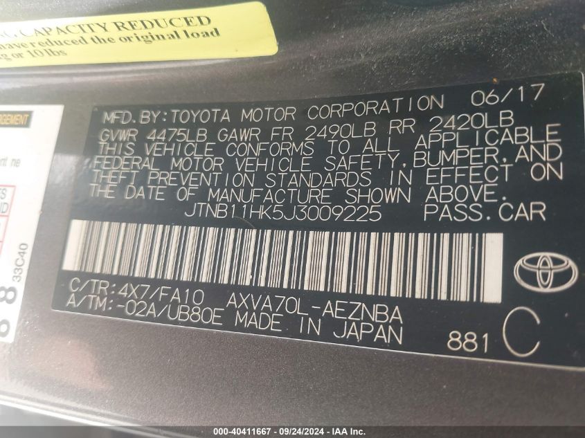 JTNB11HK5J3009225 2018 Toyota Camry Le