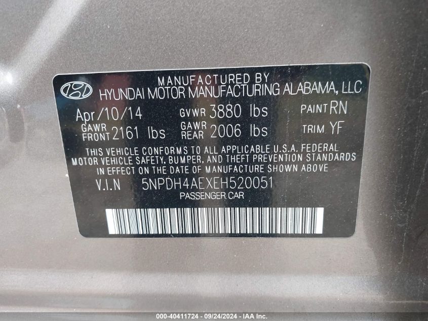 2014 Hyundai Elantra Se VIN: 5NPDH4AEXEH520051 Lot: 40411724