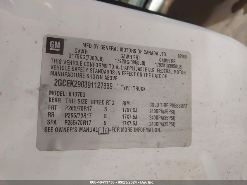 2GCEK290391127339 2009 Chevrolet Silverado 1500 K1500 Lt