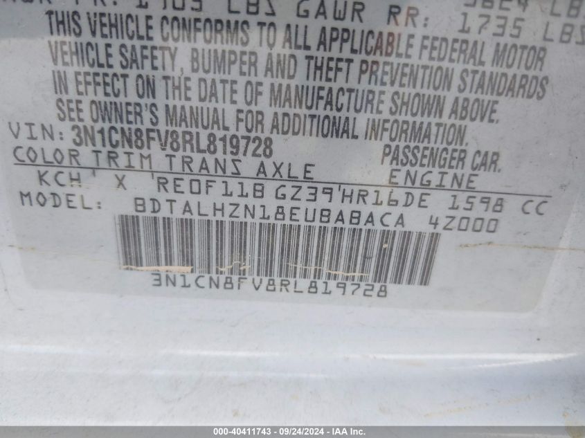 2024 Nissan Versa Sr VIN: 3N1CN8FV8RL819728 Lot: 40411743