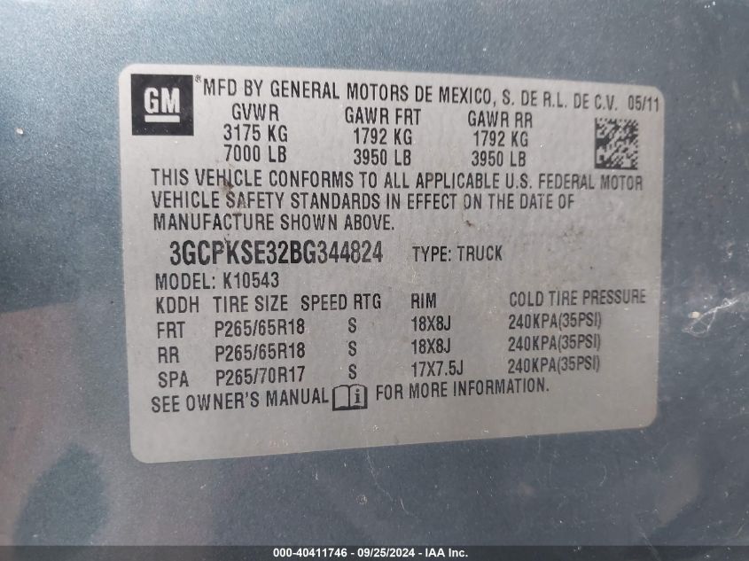 3GCPKSE32BG344824 2011 Chevrolet Silverado 1500 Lt