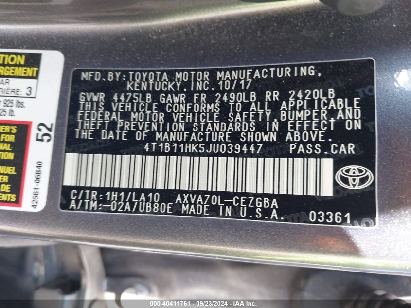 4T1B11HK5JU039447 2018 Toyota Camry Xle