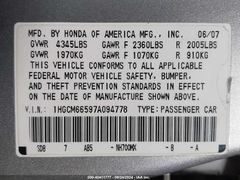2006 Honda Accord 2.4 Se VIN: 1HGCM56356A098768 Lot: 40411777