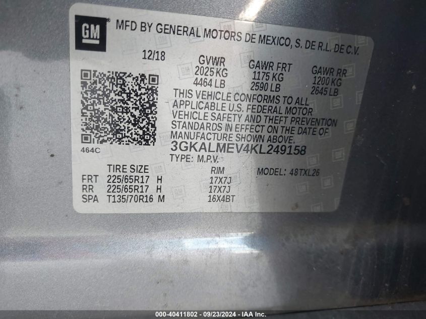 2019 GMC Terrain Sle VIN: 3GKALMEV4KL249158 Lot: 40411802