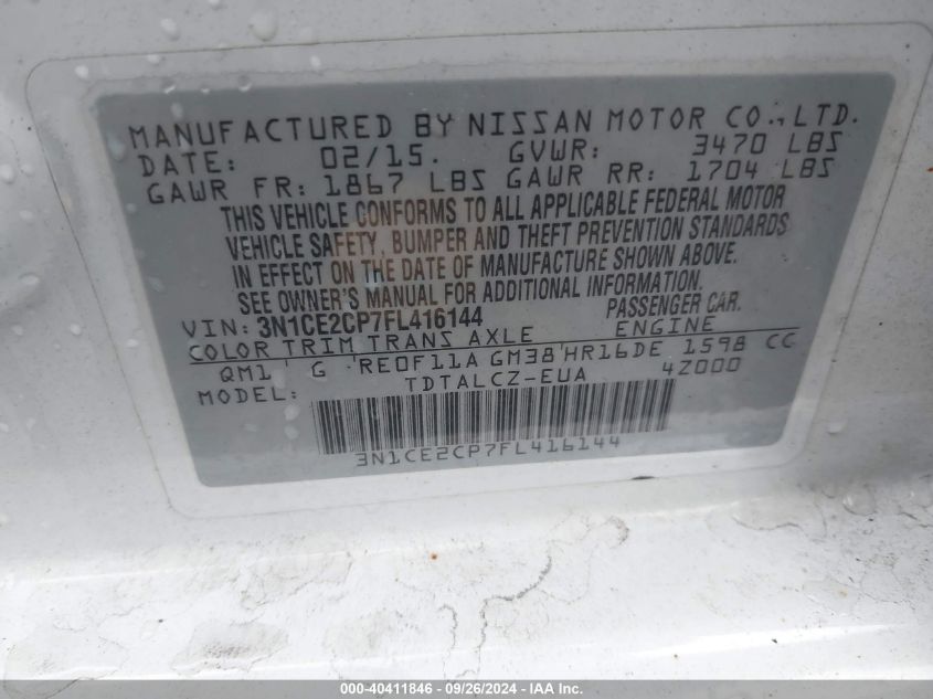 3N1CE2CP7FL416144 2015 Nissan Versa Note S (Sr)/S Plus/Sl/Sr/Sv