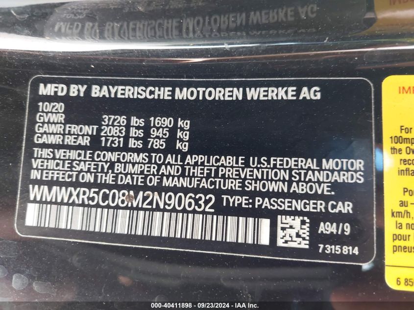 2021 Mini Hardtop Cooper S VIN: WMWXR5C08M2N90632 Lot: 40411898