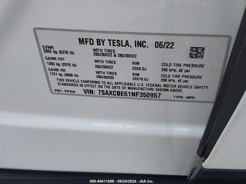 2022 Tesla Model X Plaid Tri Motor All-Wheel Drive VIN: 7SAXCBE61NF350957 Lot: 40411899