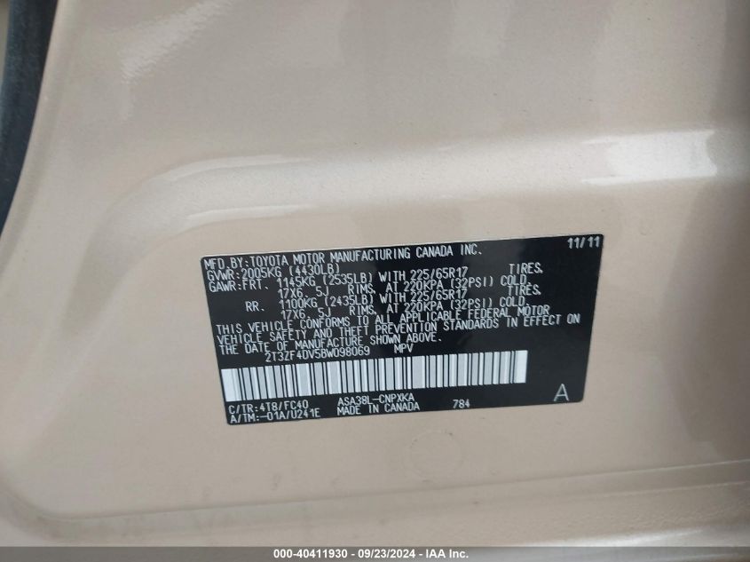 2T3ZF4DV5BW098069 2011 Toyota Rav4 Base (A4)