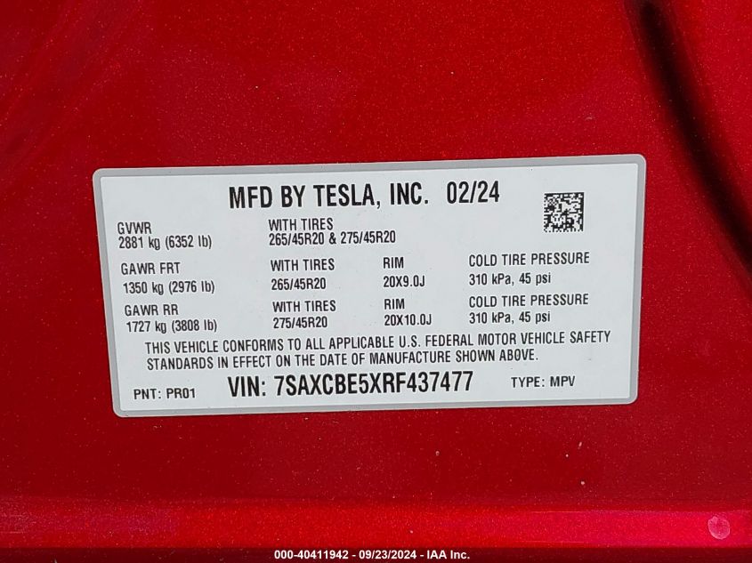 2024 Tesla Model X VIN: 7SAXCBE5XRF437477 Lot: 40411942