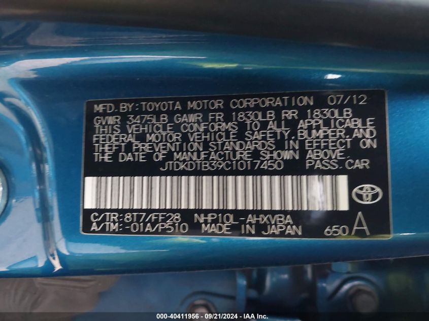 JTDKDTB39C1017450 2012 Toyota Prius C Two