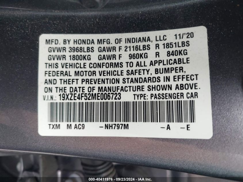 2021 Honda Insight Ex VIN: 19XZE4F52ME006723 Lot: 40411976