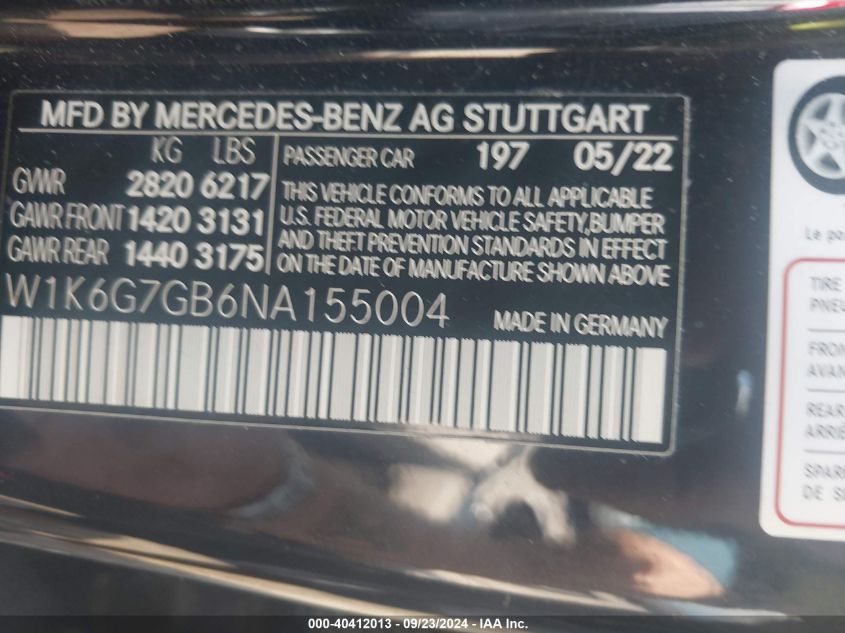 2022 Mercedes-Benz S 580 4Matic VIN: W1K6G7GB6NA155004 Lot: 40412013