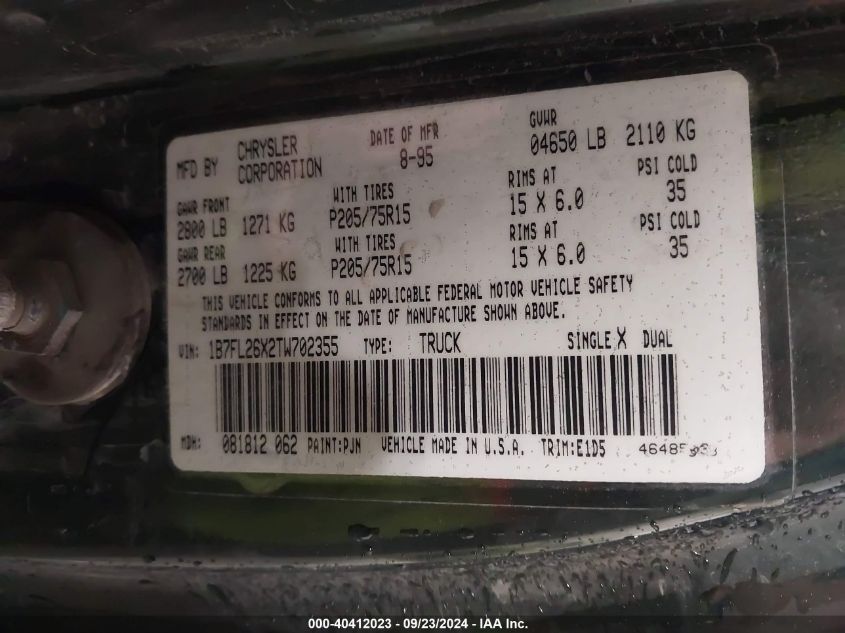 1B7FL26X2TW702355 1996 Dodge Dakota