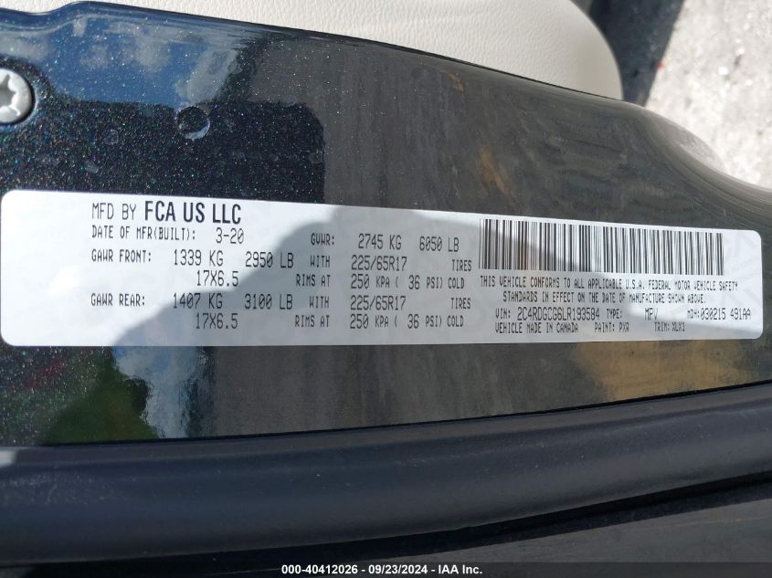 2020 Dodge Grand Caravan Sxt VIN: 2C4RDGCG6LR193584 Lot: 40412026