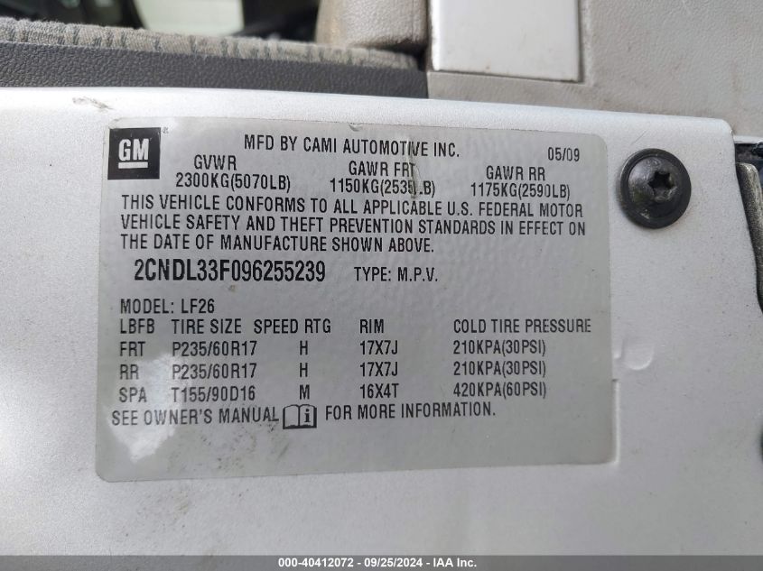 2CNDL33F096255239 2009 Chevrolet Equinox Lt