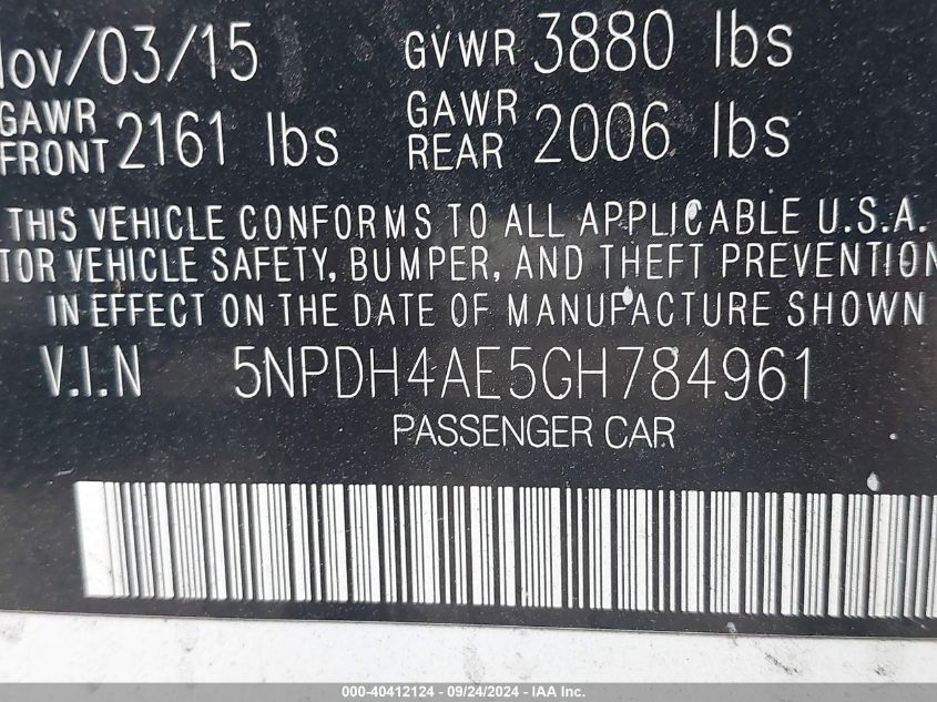 2016 Hyundai Elantra Se VIN: 5NPDH4AE5GH784961 Lot: 40412124