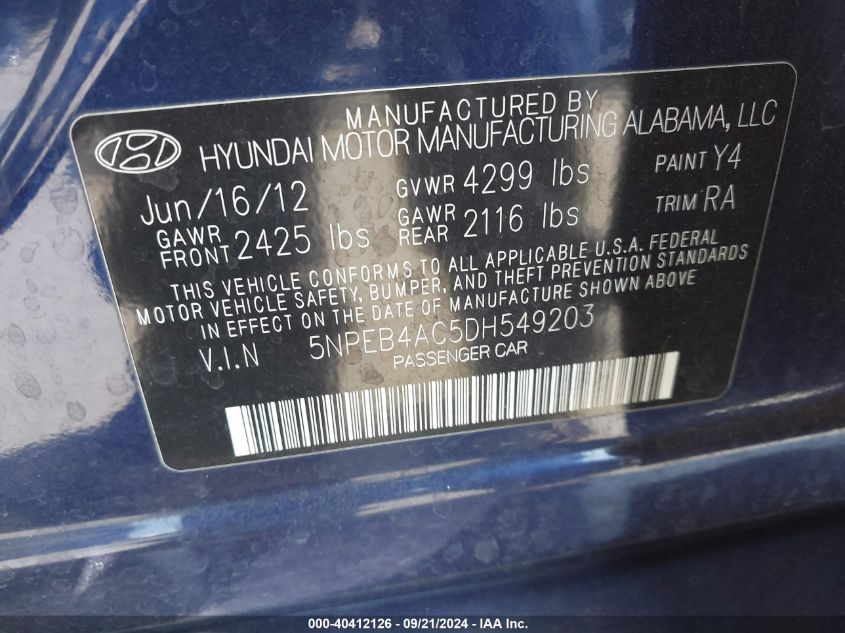 5NPEB4AC5DH549203 2013 Hyundai Sonata Gls