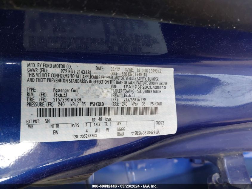 1FAHP3F20CL428510 2012 Ford Focus Se