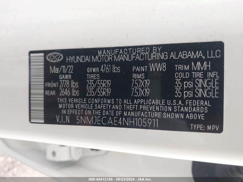 5NMJECAE4NH105911 2022 Hyundai Tucson Limited