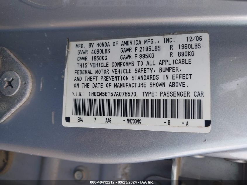 1HGCM56157A078570 2007 Honda Accord 2.4 Vp