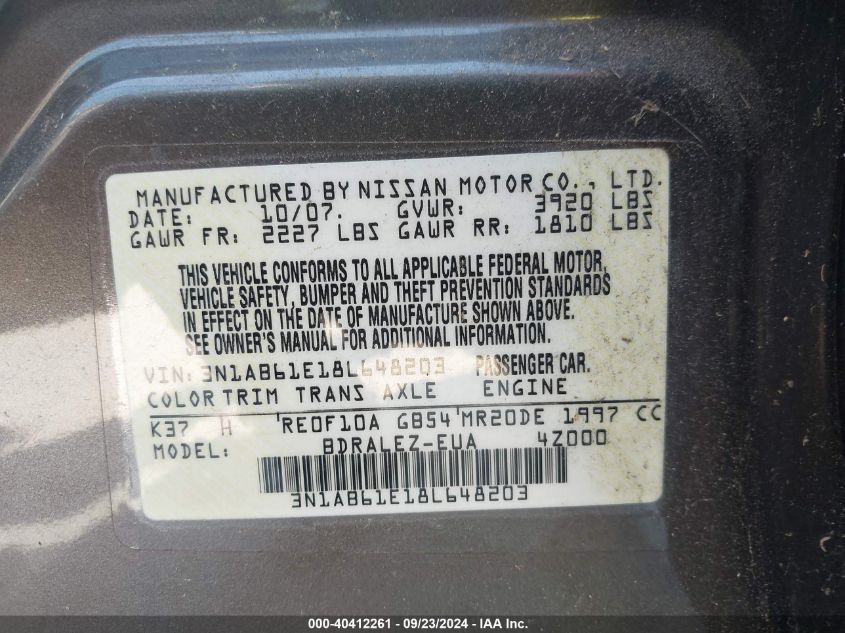 3N1AB61E18L648203 2008 Nissan Sentra 2.0S