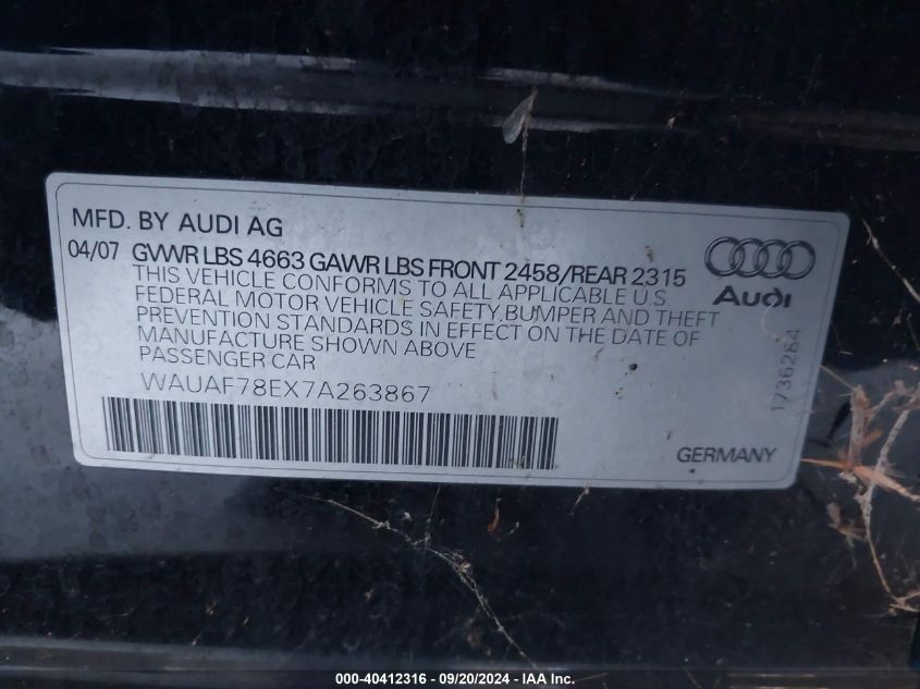 2007 Audi A4 2.0T VIN: WAUAF78EX7A263867 Lot: 40412316