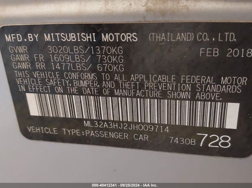 2018 Mitsubishi Mirage Es VIN: ML32A3HJ2JH009714 Lot: 40412341