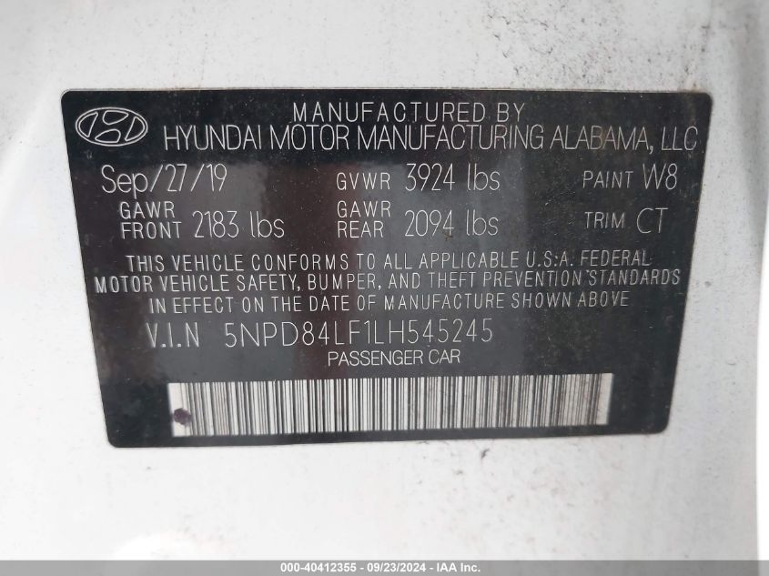 2020 Hyundai Elantra Sel VIN: 5NPD84LF1LH545245 Lot: 40412355