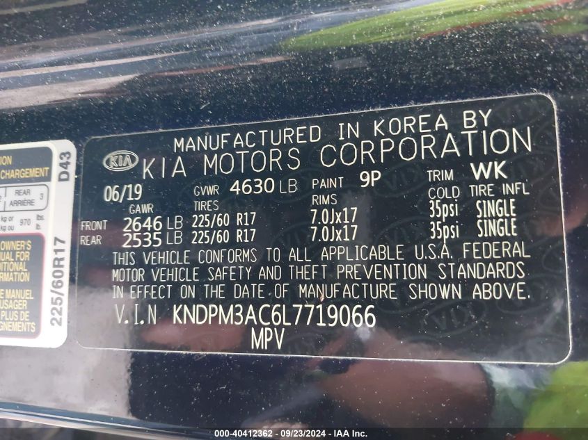 2020 Kia Sportage Lx VIN: KNDPM3AC6L7719066 Lot: 40412362