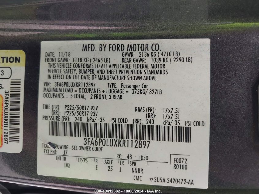 3FA6P0LUXKR112897 2019 Ford Fusion Se